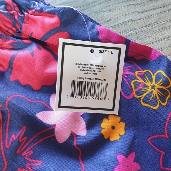 Colorful Floral Mens Swim Trunks Size L With Elastic Waist Drawstring 32" Waist - Picture 5 of 6